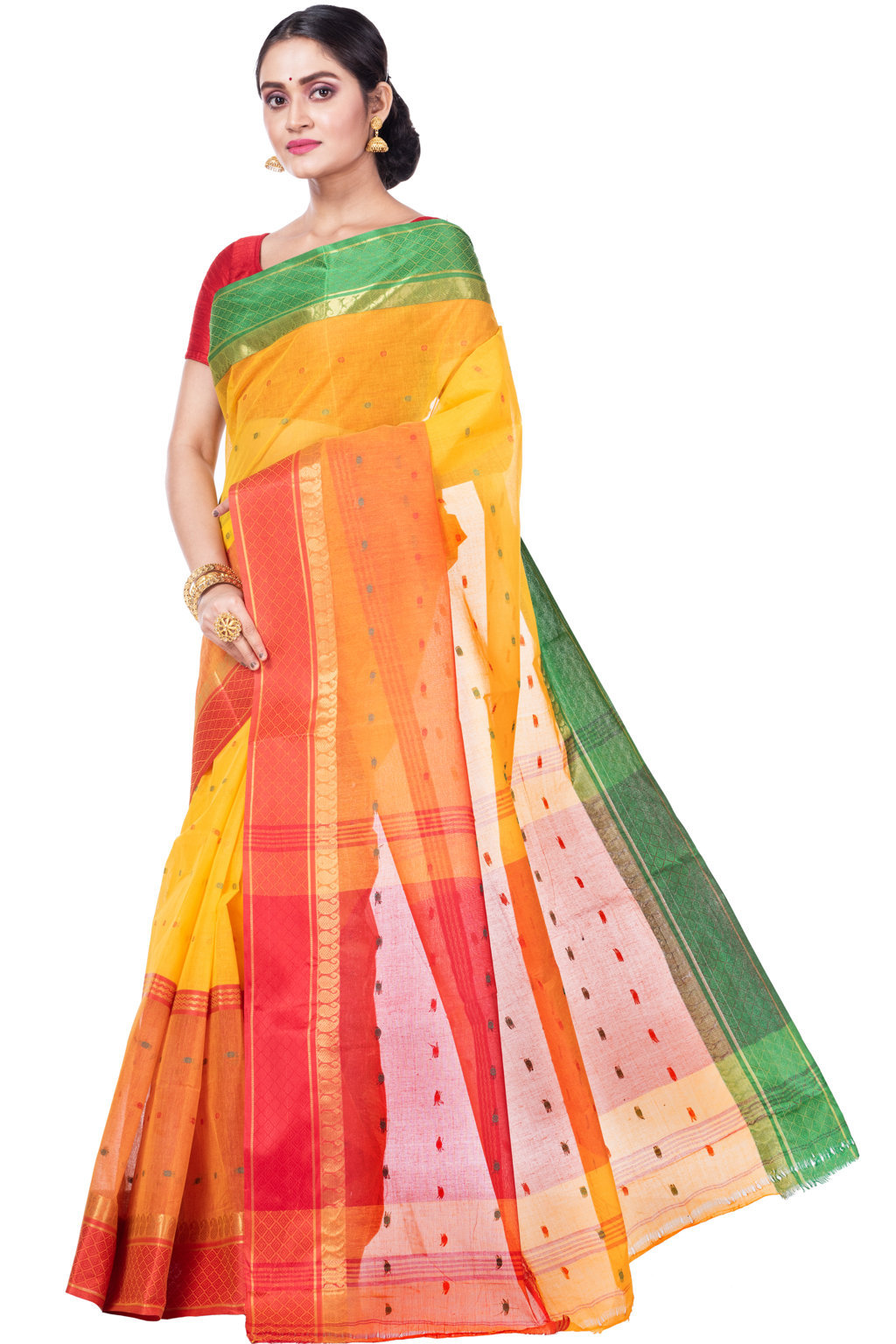 Yellow Pure Cotton Ganga Jamuna_Buti Tant Saree (650)